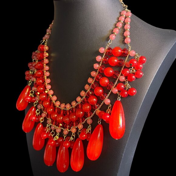 Bold Red & Pink Beaded Statement Necklace - Gold-Tone Chain, Teardrop Dangles - Picture 4 of 7
